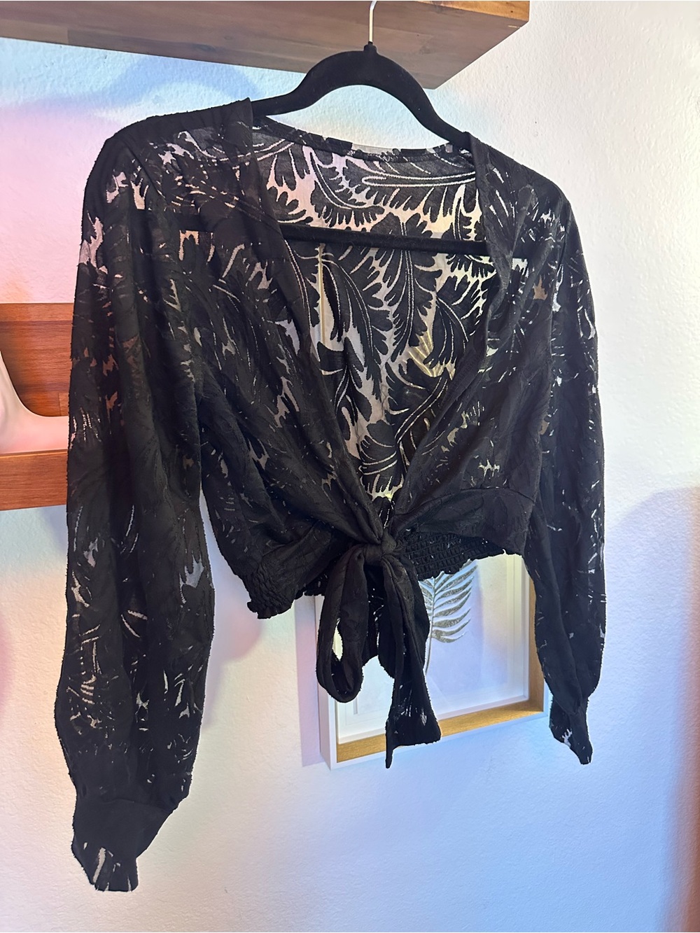 Black Tie-Front Sheer Lace Women's Top